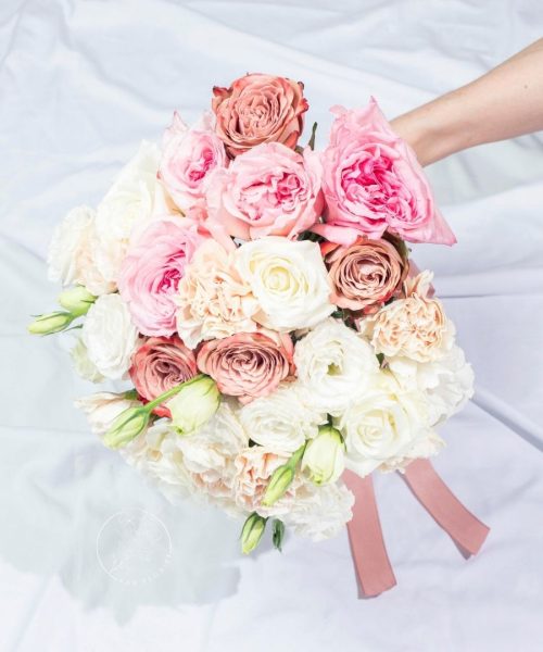 Rustic White Wedding Hand Bouquet – Round Rose Bouquet